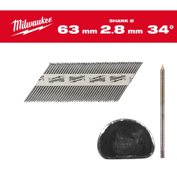 Milwaukee hřebíky 34° 2,8 x 63 konvexní (2200 ks) 4932492600: obrázek 2